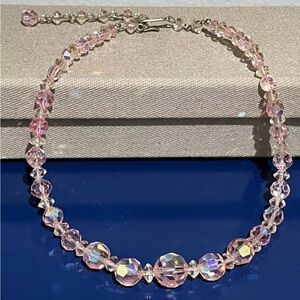Pink Crystal Necklace Choker Faceted Bead Vintage Jewelry 16” Long Silver Clasp